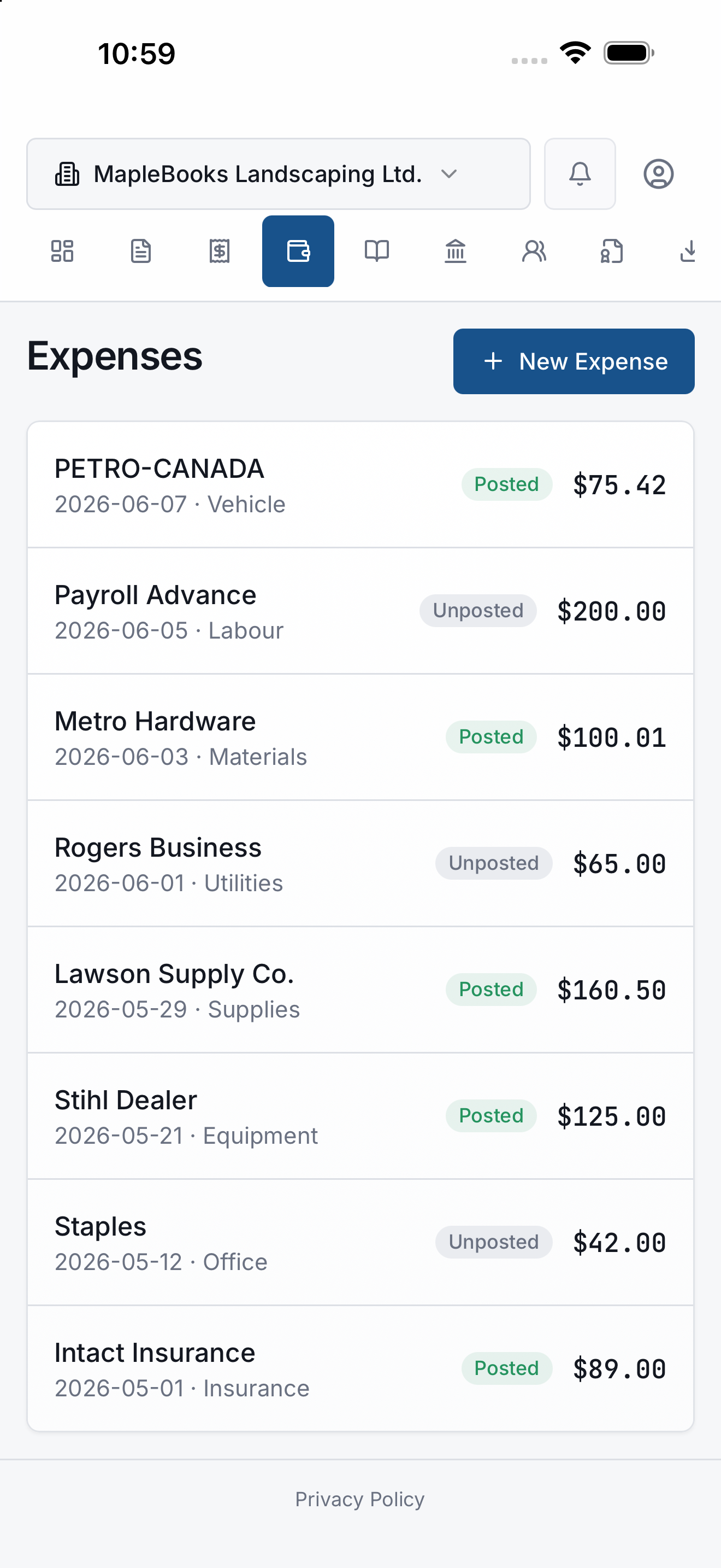 MapleBooks expense tracking